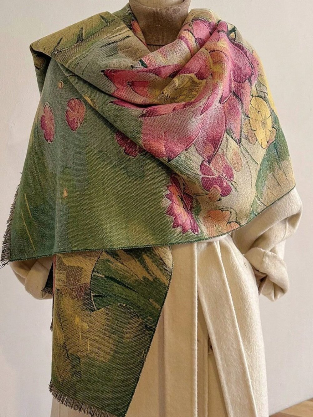 Green Casual Women's Jacquard floral print Thick Warm Rectangular Shawl Scarf